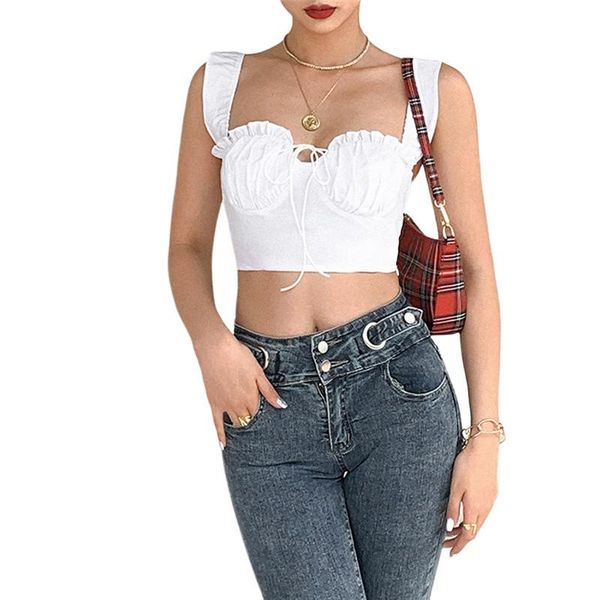 

women's tanks & camis women tank solid color ruffle ribbon soft casual short wear summer 2021 female vest crop basic slim, White