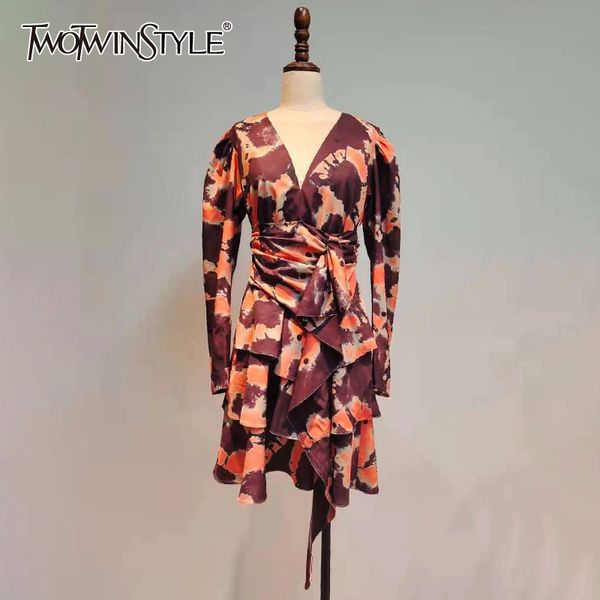 

printed patchwork ruffle dress for women v neck puff sleeve high waist hit color mini dresses female fashion 210423, Black;gray
