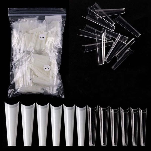 

false nails 504pcs maxx extra long french half cover c curve acrylic extension salon supply coffin+cowboy clear fake nail tips, Red;gold