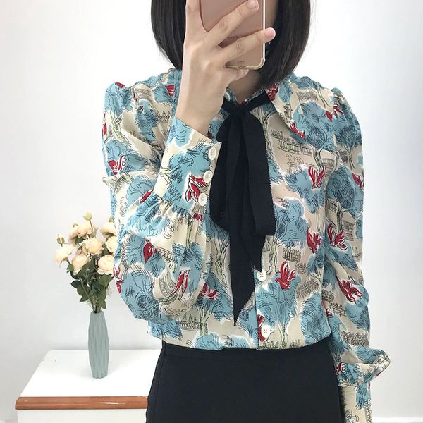 

women's suits & blazers suit 100% silk women printing shirt lace-up long sleeve turn-down collar early autumn female bl 2pto, White;black