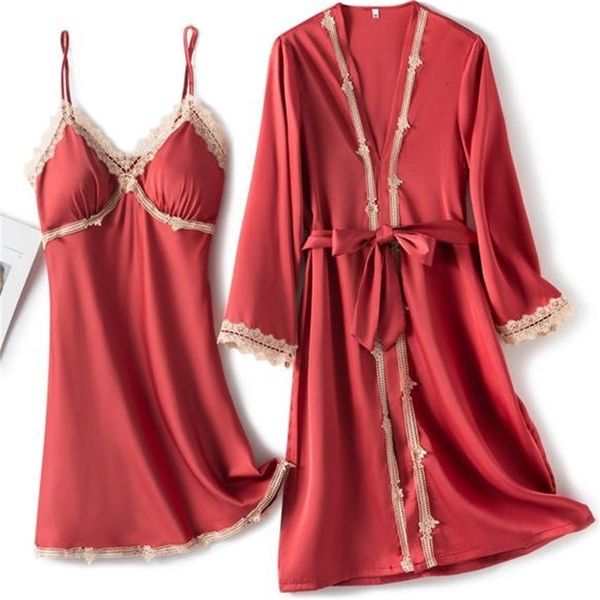 

women's sleepwear wedding twinset robe set women satin lace trim kimono bath gown bride bridesmaid loungewear chemise nightwe, Black;red