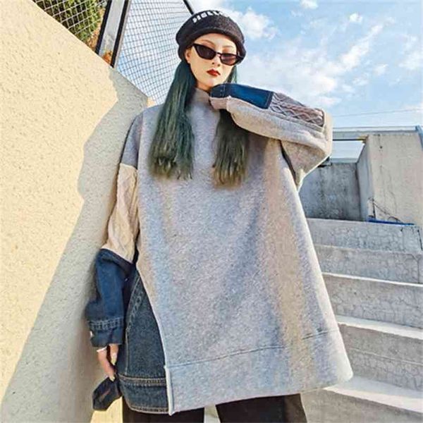 

[ewq] spring female casual tutle neck long-sleeved pullover patchwork knit denim gray over size sweatshirts 8p101 210809, Black