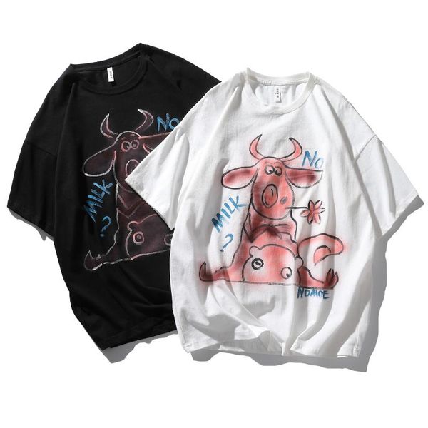 

men's t-shirts pink cow print men and women couple short-sleeved loose t-shirt high street hip-hop, White;black