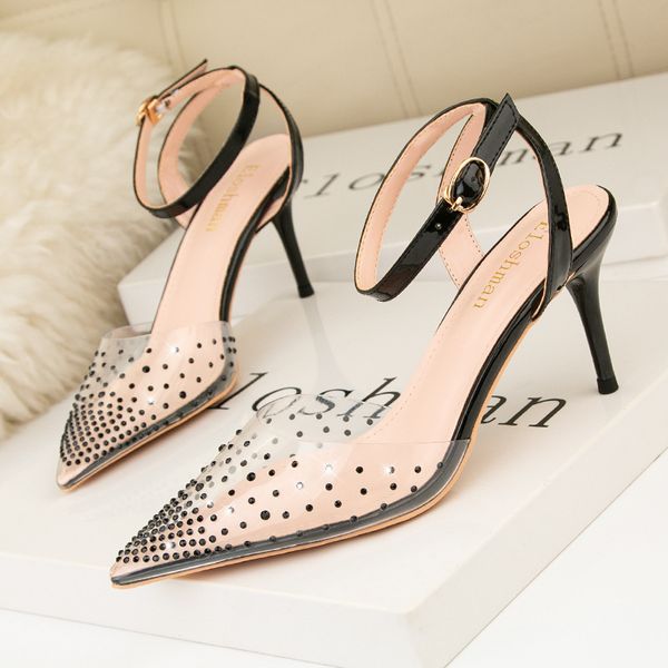 

simple pointed shallow high-heeled shoes transparent diamond with sandals thin heel hollow women's shoes, Black