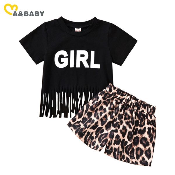 6m-5y verão moda criança garota menina conjunto letra borla t camisa tops leopard shorts outfits crianças trajes 210515