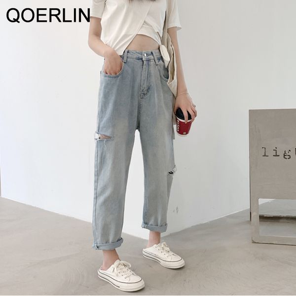 

qoerlin 2xl jeans women holes ripped jeans hollow out high waist zipper fly baby blue jeans harem pants denim trouser plus size 210416