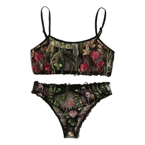 

bras sets women halter bra & brief ladies lingerie lace bra+g-string mesh flower embroidery underwear bralette, Red;black