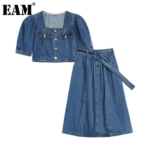 

[eam] sashes half-body skirt two pieces denim suit square neck short sleeve loose women fashion spring summer 1dd8371 21512, White