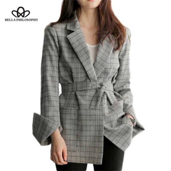 

autumn women gray plaid office lady blazer fashion bow sashes split sleeve jackets elegant work blazers feminino 210519, White;black