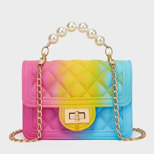 

evening bags luxury quality 2021 summer fashion designer pearl chain single shoulder leather bag mini trend crossbody rainbow handbag