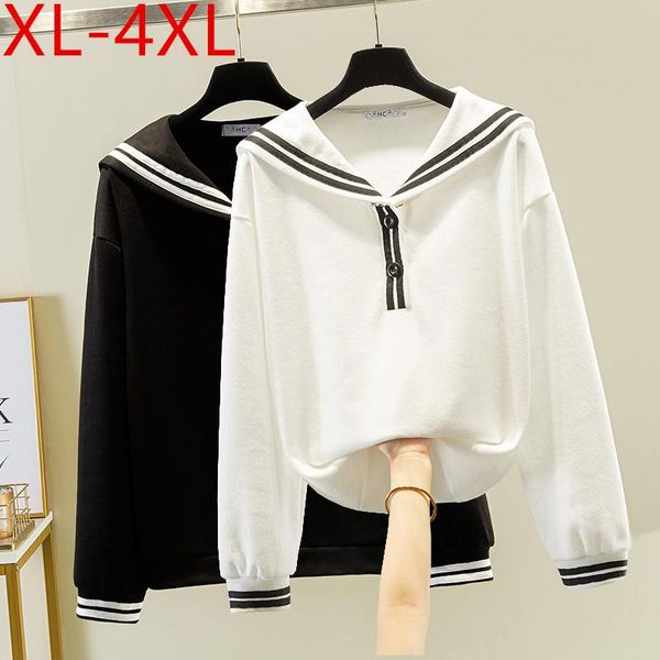 

plus size t-shirt 4xl women spring autumn sailor collar long sleeve large casual loose tees fit weight 50-100kg, Black