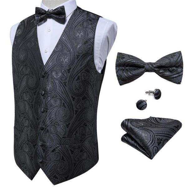 

men's vests classic gray waistcoat barry.wang silk vest party wedding paisley jacquard handkerchief bow tie cufflinks set dibangu, Black;white