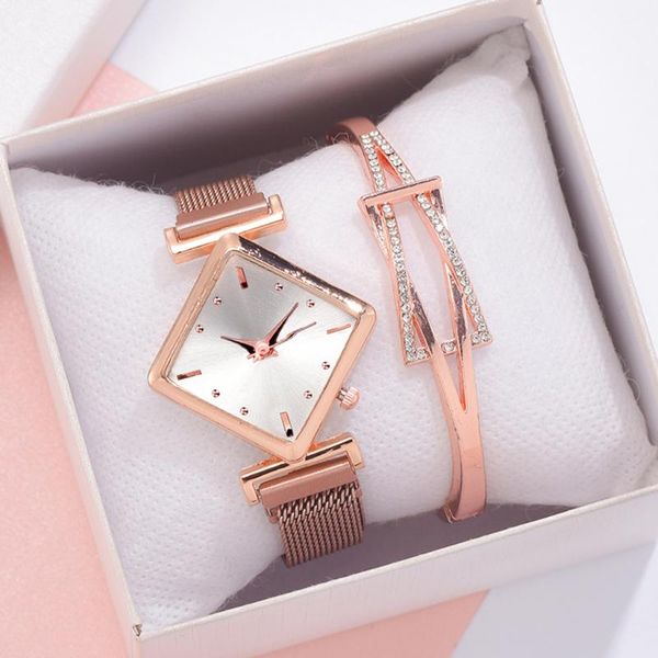 

wristwatches fashion 2pcs/set women watches bracelet set square dial rose gold magnet watch dress ladies wrist luxury clock, Slivery;brown