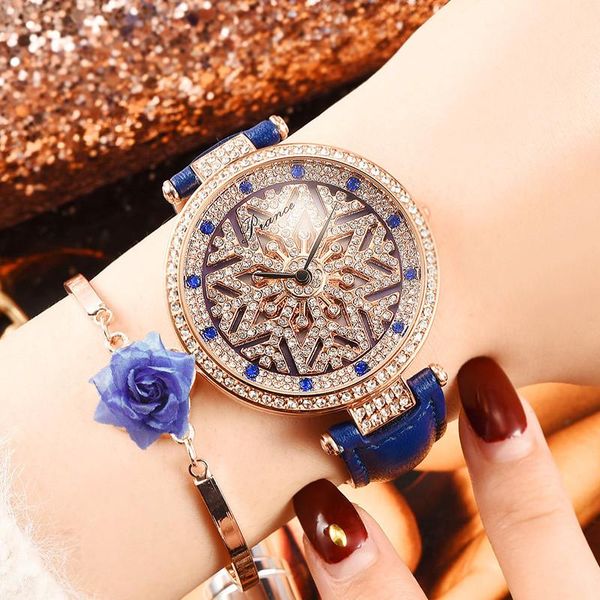 Orologi da polso Orologio al quarzo impermeabile di lusso quando quadrante rotante moda femminile fiocco di neve diamante Relogio Feminino Drop 2021