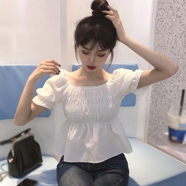 

women's blouses & shirts 2021 square neck pullover short blouse ms. xia sweet slim slimming short-sleeved shirt, White