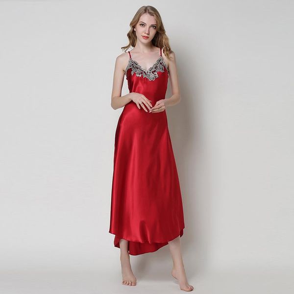 

women's sleepwear silk satin night dress women lace lingerie nightgown spaghetti strap nightdress female sleep skirt nightwear nuisette, Black;red