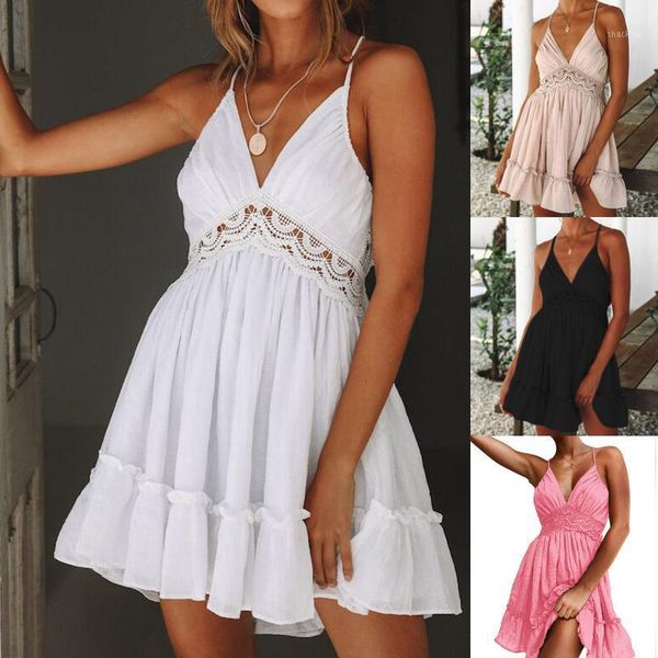 

boho women's beach summer dress crochet v neck sleeveless hollow out loose white lady mini casual dresses, Black;gray