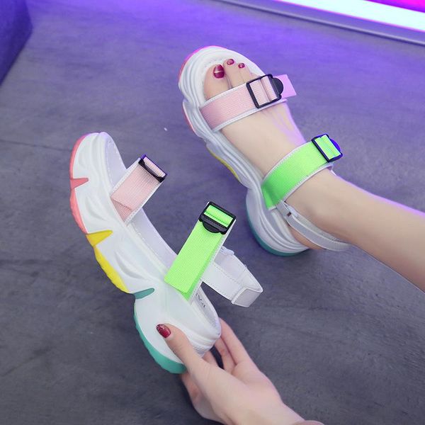 

dropshiping thick bottom casual sports sandalias mujer wedges heels shoes mix color straps summer platform sandals, Black