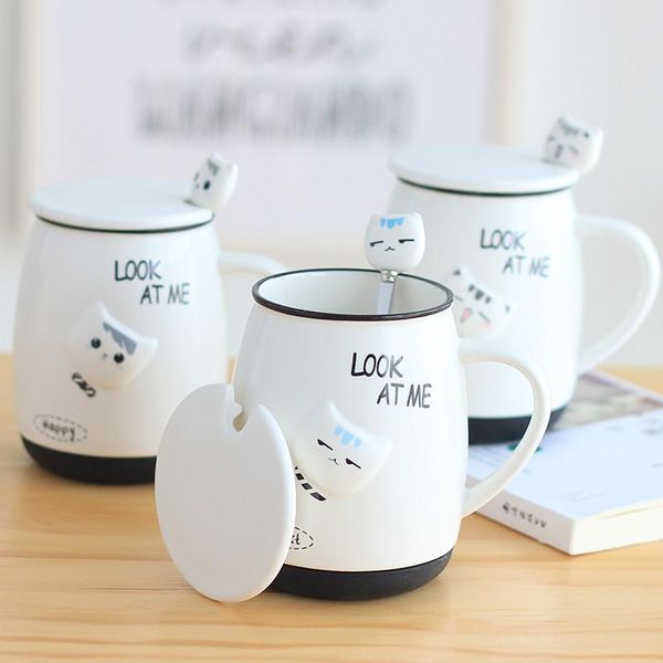 

mugs ceramic large capacity cute cat coffee mug with spoon and lid creative white porcelain breakfast milk tea cup drinkware