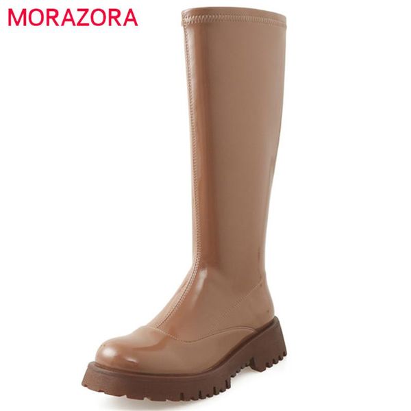 

boots morazora 2022 fashion flat shoes women knee high round toe zipper slim stretch casual ladies, Black