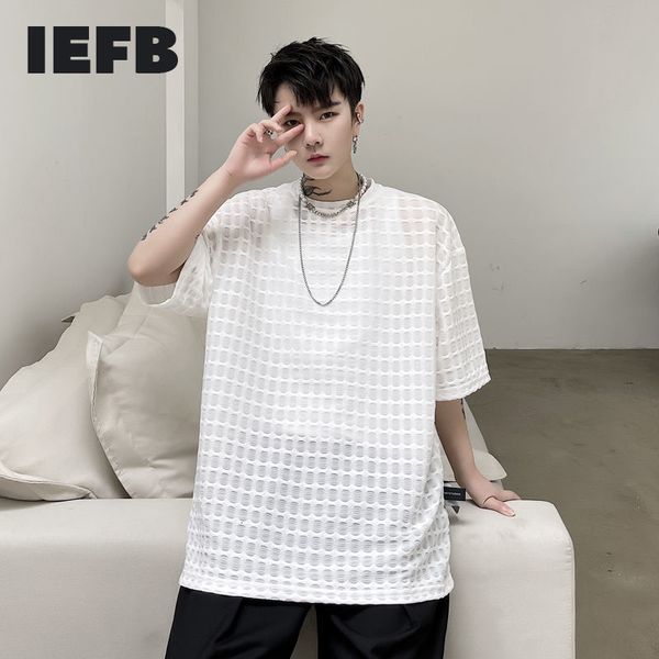 IEFB verão geométrico waffle xadrez tecido branco camiseta manga curta masculina solta t - shirts nicho de grandes dimensões Streetwear 9y7374 210524