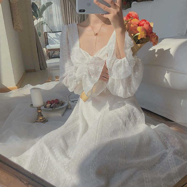 

dresses for women retro flared sleeves square neck drawstring waist chiffon dresses korean party dinner elegant mididress 210712, Black;gray