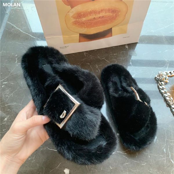 

slippers molan brand designers 2021 winter luxury real hair metal buckle flat fur slides thick bottom loafers mules flip flops, Black