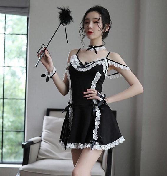 

temptation lace underwear love hollow maid uniform suit, Red;black