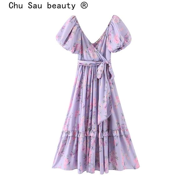 Chu Sau Beleza Nova Moda Ins Blogueiro Estilo Floral Impressão Vestido Mulheres Boho Seda Imitação Arco Sashes Fadas Vestidos Feminino 210331