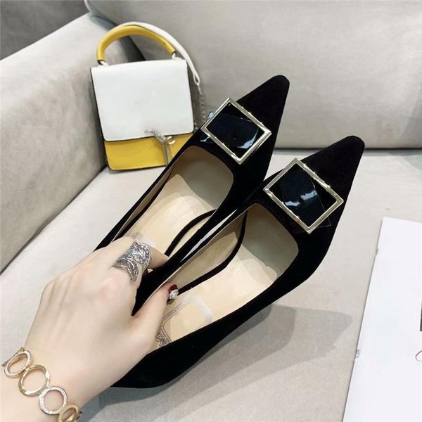 

dress shoes women single thin heel buckle decor shallow pointed toe female shoe elegant genuine leather, Black
