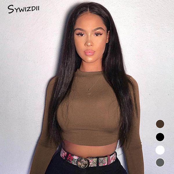

women's t-shirt sywizdii solid basic long sleeve women pulovers casual fashion crop trendy vintage summer tshirt v-neck shirt, White
