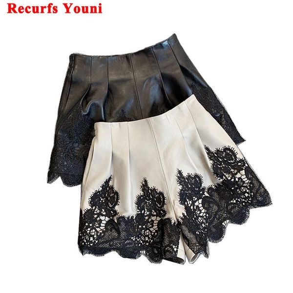 

women's shorts genuine leather pants women 2021 spring elegant french sheepskin lace stitching wide leg korean harajuku pantalon mujer, White;black