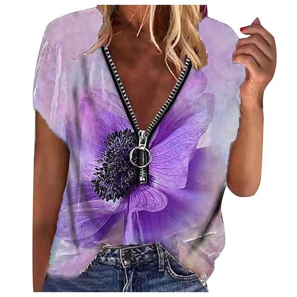 

women's t-shirt women t shirt butterfly printing zipper v-neck loose short-sleeved ladies summer fashion casual comfy female clothing, White