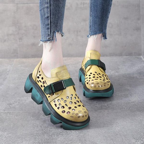 

sandals the first layer of cowhide hollow shoes women's flat bottom leather casual thick summer, Black