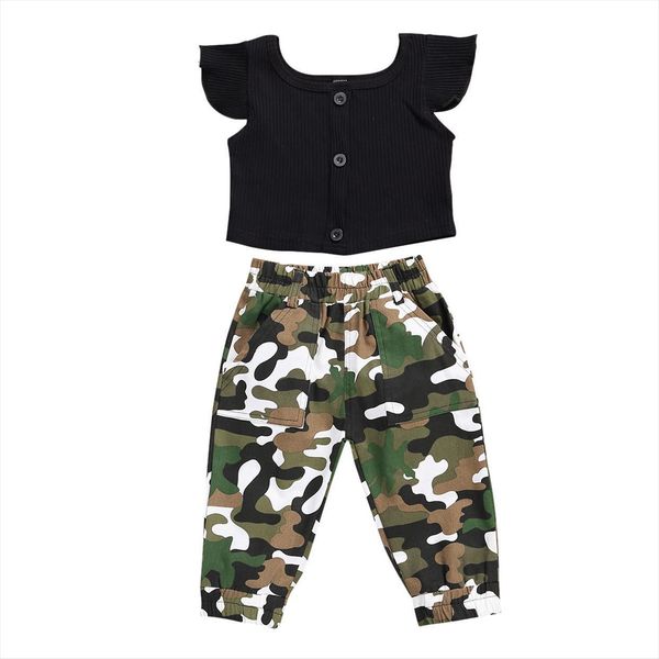 

infant kids girls short sleeved trousers suit fashion single breasted t shirt and elastic camouflage pattern long pants, White