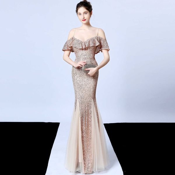 

luxury party evening dress 18015# polyter thread tassel beaded fish tail banquet elegant temperament annual meeting host model evening femal, White;pink