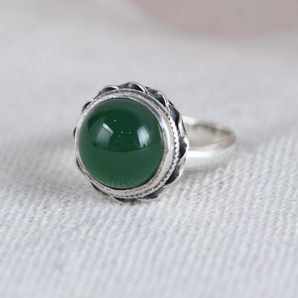 

cluster rings fnj round green agate ring 925 silver adjustable size 100% original real s925 solid for women jewelry, Golden;silver