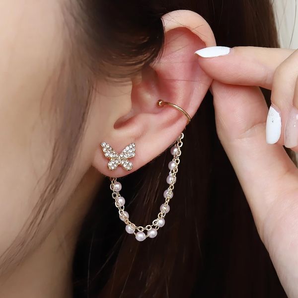 

korean elegant ear clip cute rhinestone butterfly stud earrings for women girls fashion metal chain boucle beautiful jewelry, Silver