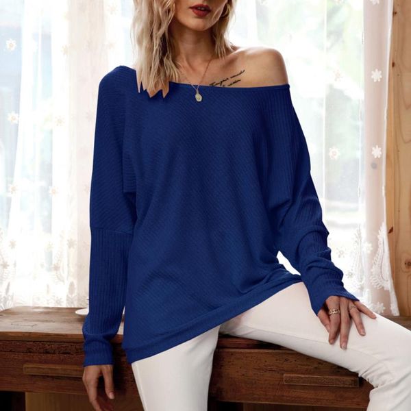 

women's t-shirt autumn batwing long sleeve ribbed off-shoulder loose solid streetwear female casual, White