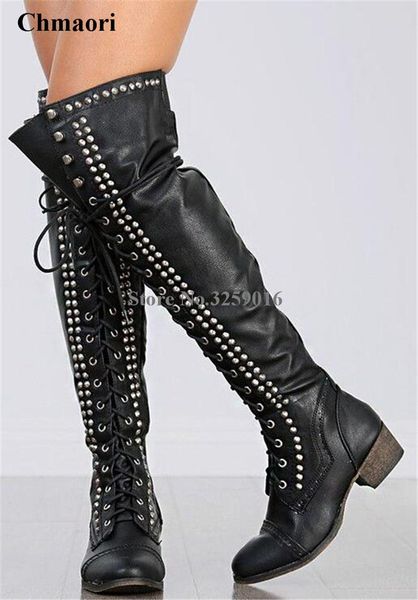 

boots round toe lace-up rivet leather women winter fashion over knee spike thick low heel knight long, Black