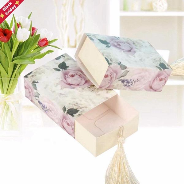 

50pcs/lot floral candy box drawer design party favor boxes craft paper with tassel for pulling gift wrap