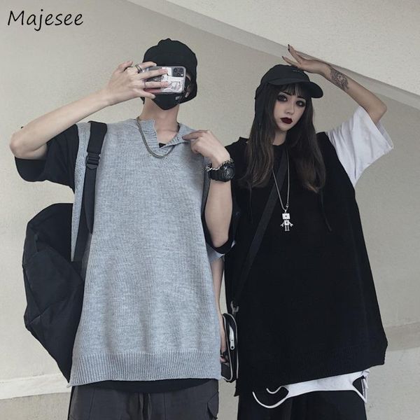 

men sweater vest couples simple solid spring loose knitted sweaters male all-match harajuku korean style leisure soft trendy men's vest, Black;white