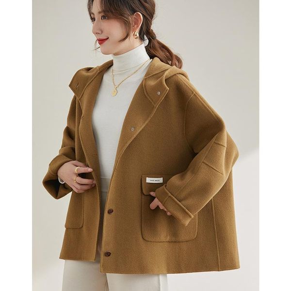 

double sided cashmere coat women's short 2021 spring and autumn season thickened high end small cape woolen jackets, Black;brown