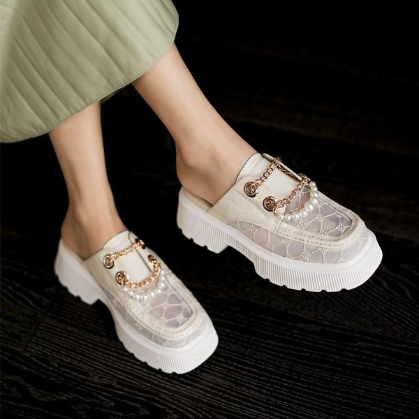 

women shoes slippers sandals 2021 summer real leather splicing mesh luxury pearls chain platform high heels casual mules, Black