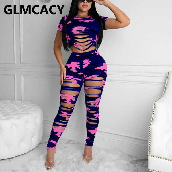 

women ripped two piece camo tracksuits short sleeve crop and long pants set 210702, White