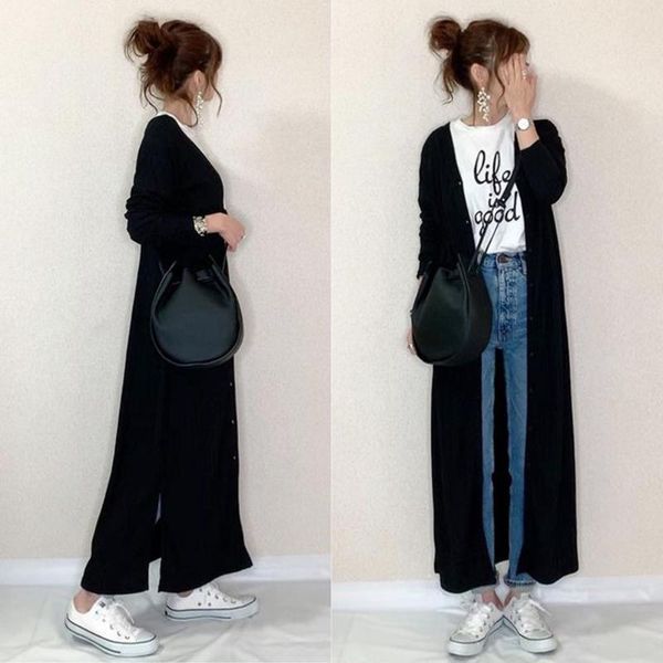 

women's knits & tees women long cardigans autumn black solid color lady girl wear 2021 female japan style cardigan, White