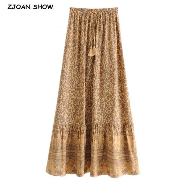 

casual dresses 2021 bohemia leopard print long skirt spliced ruched ruffle hem hippie women tassel tie bow swing skirts holiday be, Black;gray