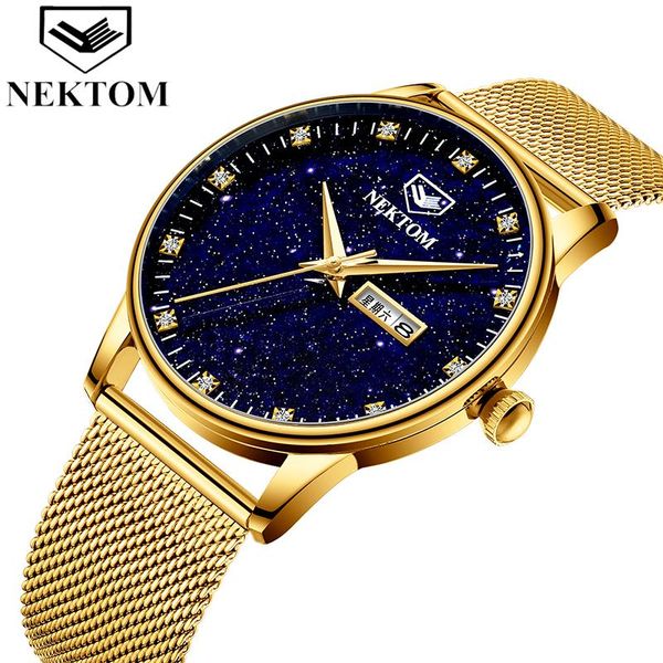 

wristwatches nektom mens watches business gold quartz watch men casual mesh steel waterproof sport relogio masculino, Slivery;brown
