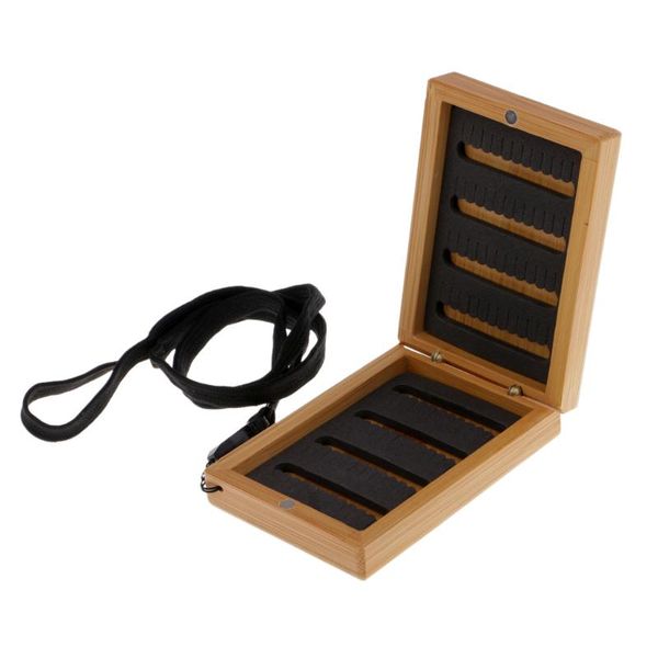 

portable wooden bamboo fishing flies box with lanyard holds 96 accessories