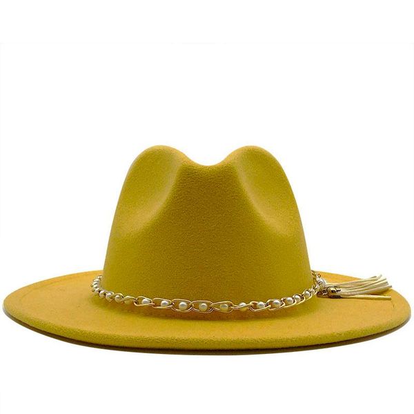 

wide brim hats women men wool felt tassel jazz fedora panama style cowboy trilby party formal dress hat large size yellow white, Blue;gray
